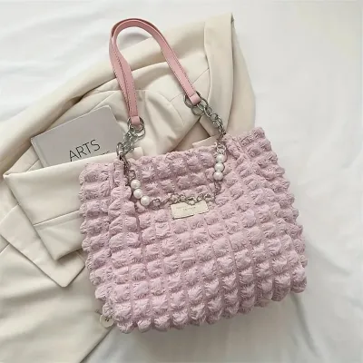 Soft Leather Large Capacity Fashion Pearl Chain Bubble Bag